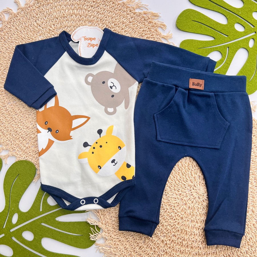 Conj. Body Manga Longa Animais Fofos e Calça - Azul Marinho